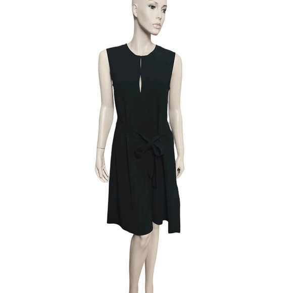 Theory Desza Deep Navy Admiral Crepe Black Asymetrical Hem Belted Dress Sz 6 - Picture 6 of 15
